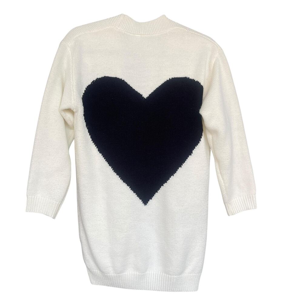 Heart Cardigan Sweater Womens Small White Black Open Front Knit Acrylic Longline